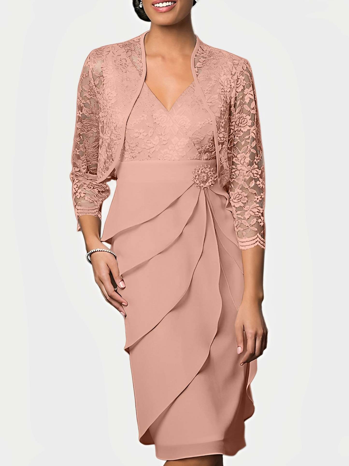 Knee-Length V-Neck Sheath Mother of the Bride Column Dresses-BMbridal