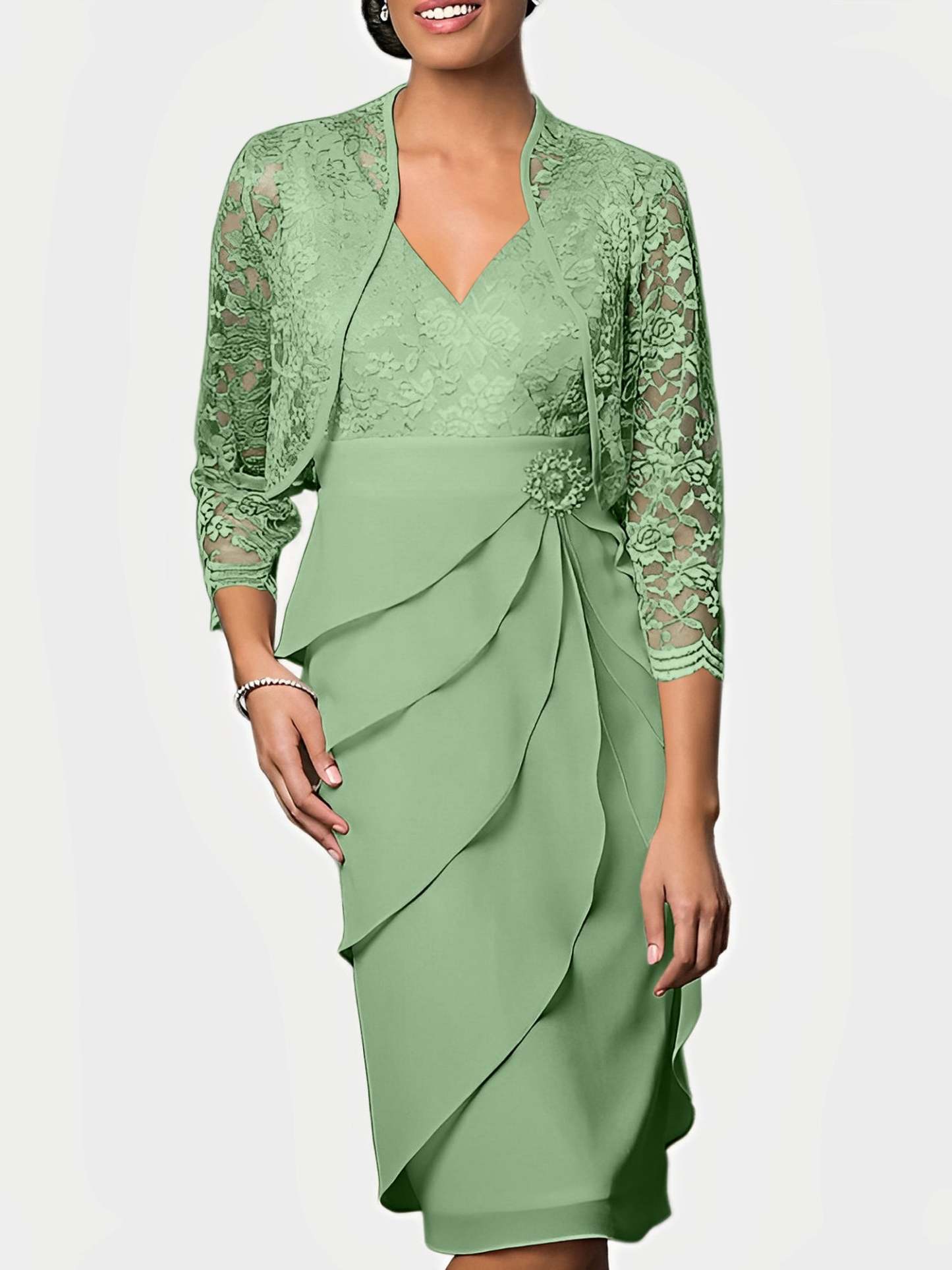 Knee-Length V-Neck Sheath Mother of the Bride Column Dresses-BMbridal