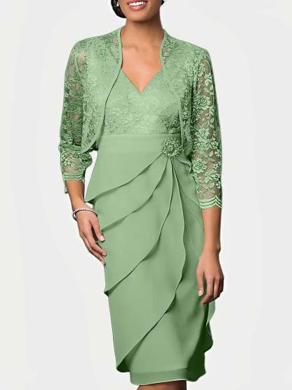 Knee-Length V-Neck Sheath Mother of the Bride Column Dresses-BMbridal