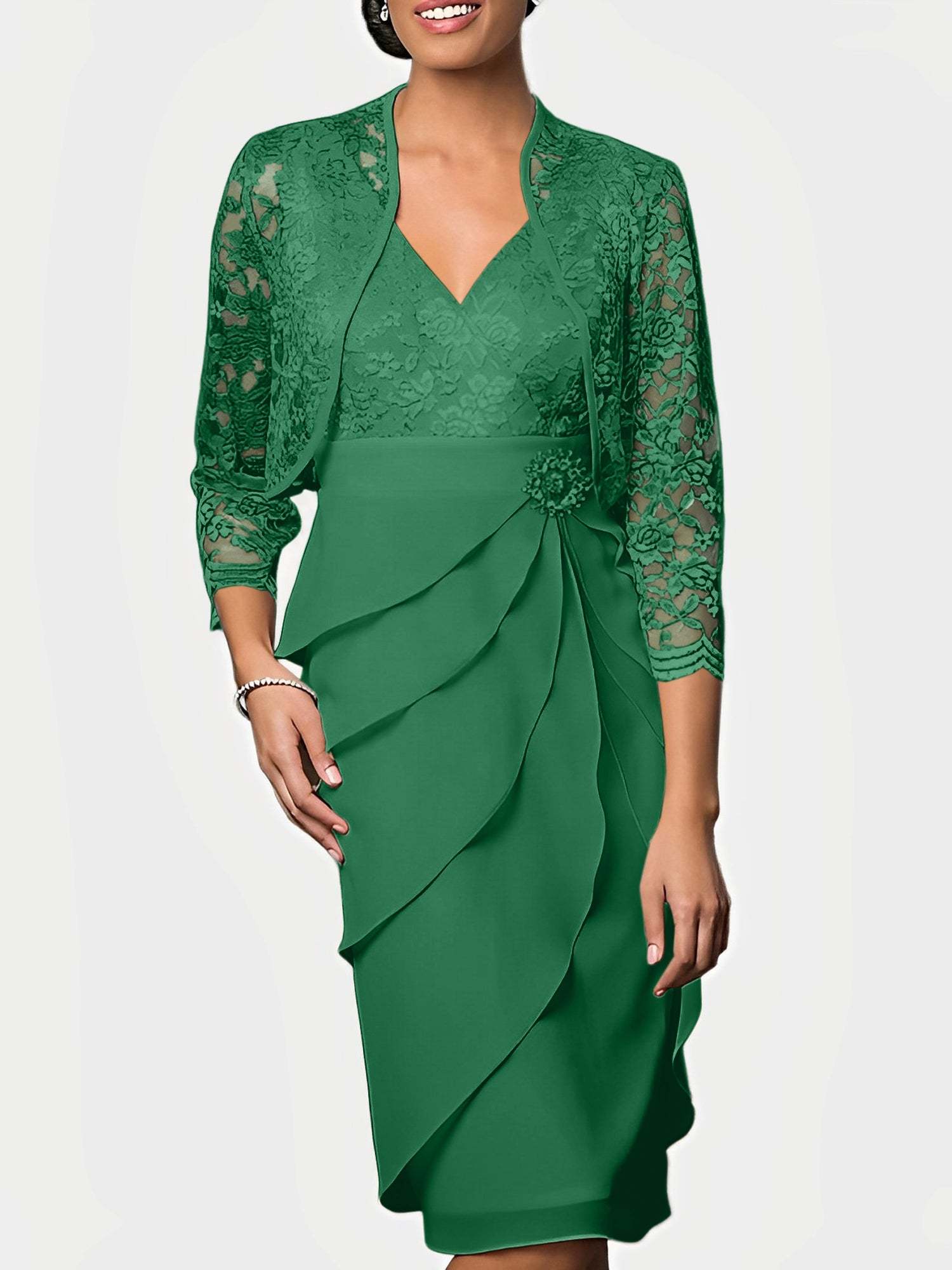 Knee-Length V-Neck Sheath Mother of the Bride Column Dresses-BMbridal