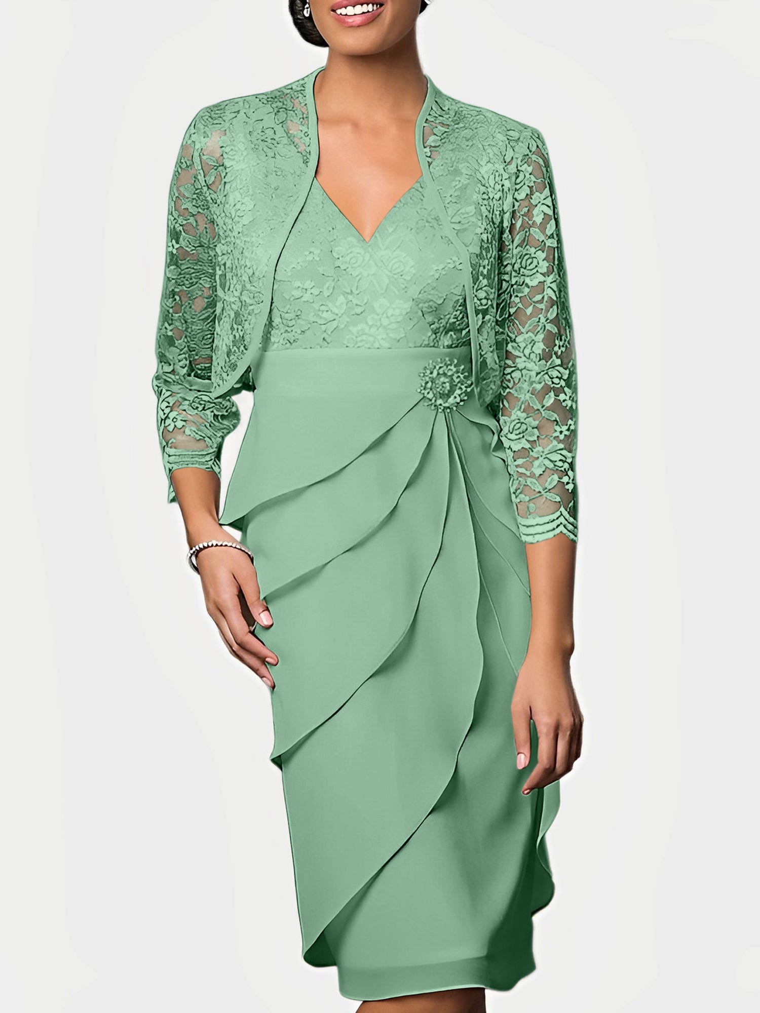 Knee-Length V-Neck Sheath Mother of the Bride Column Dresses-BMbridal