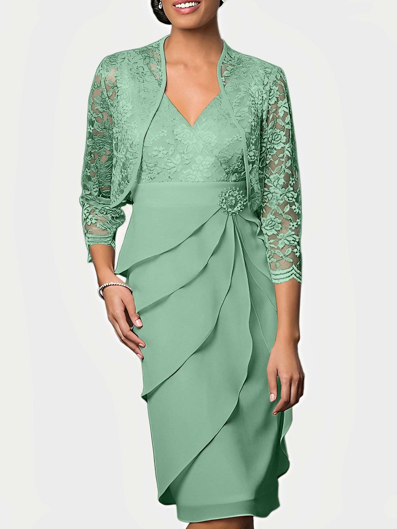 Knee-Length V-Neck Sheath Mother of the Bride Column Dresses-BMbridal