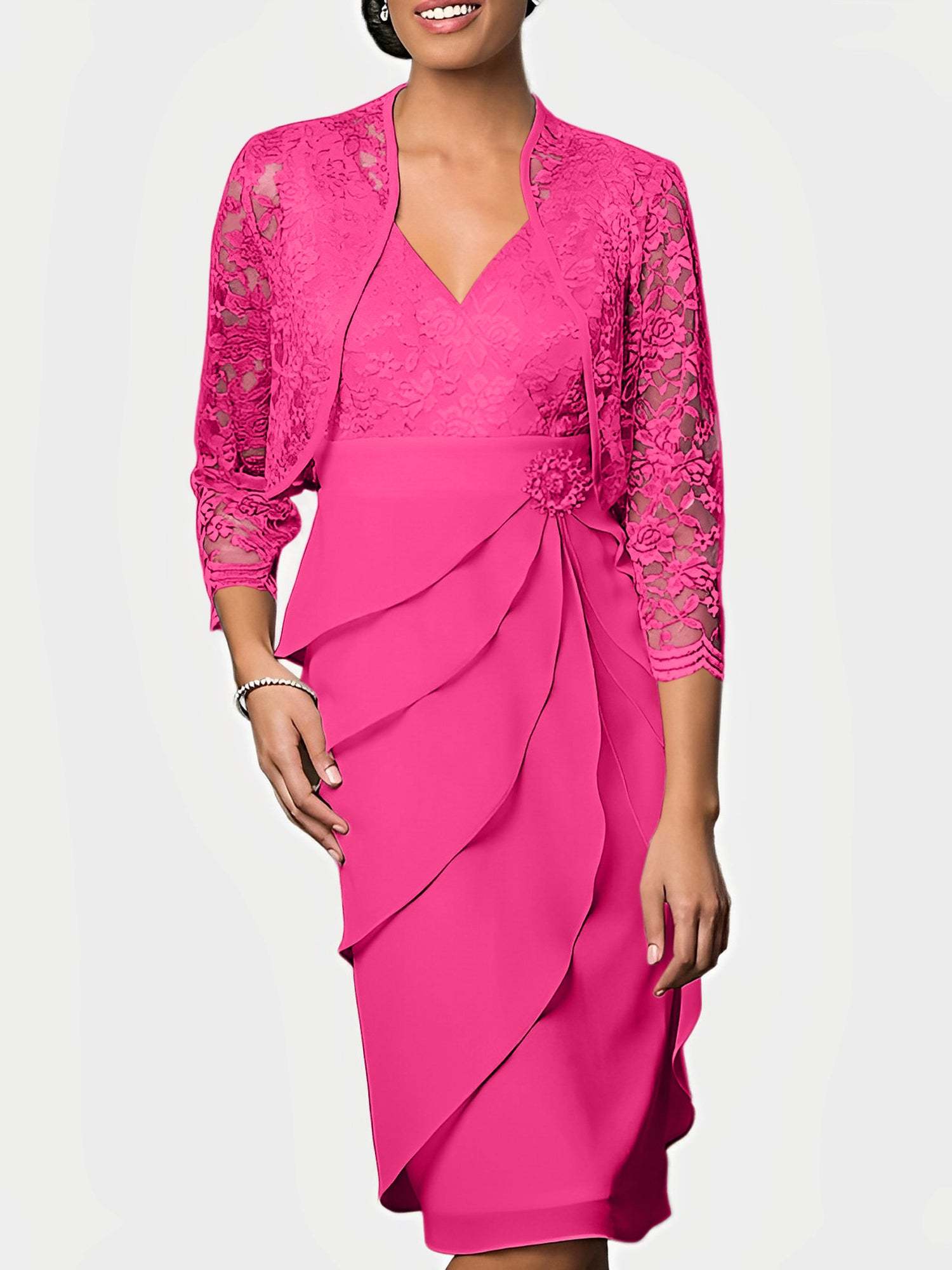 Knee-Length V-Neck Sheath Mother of the Bride Column Dresses-BMbridal