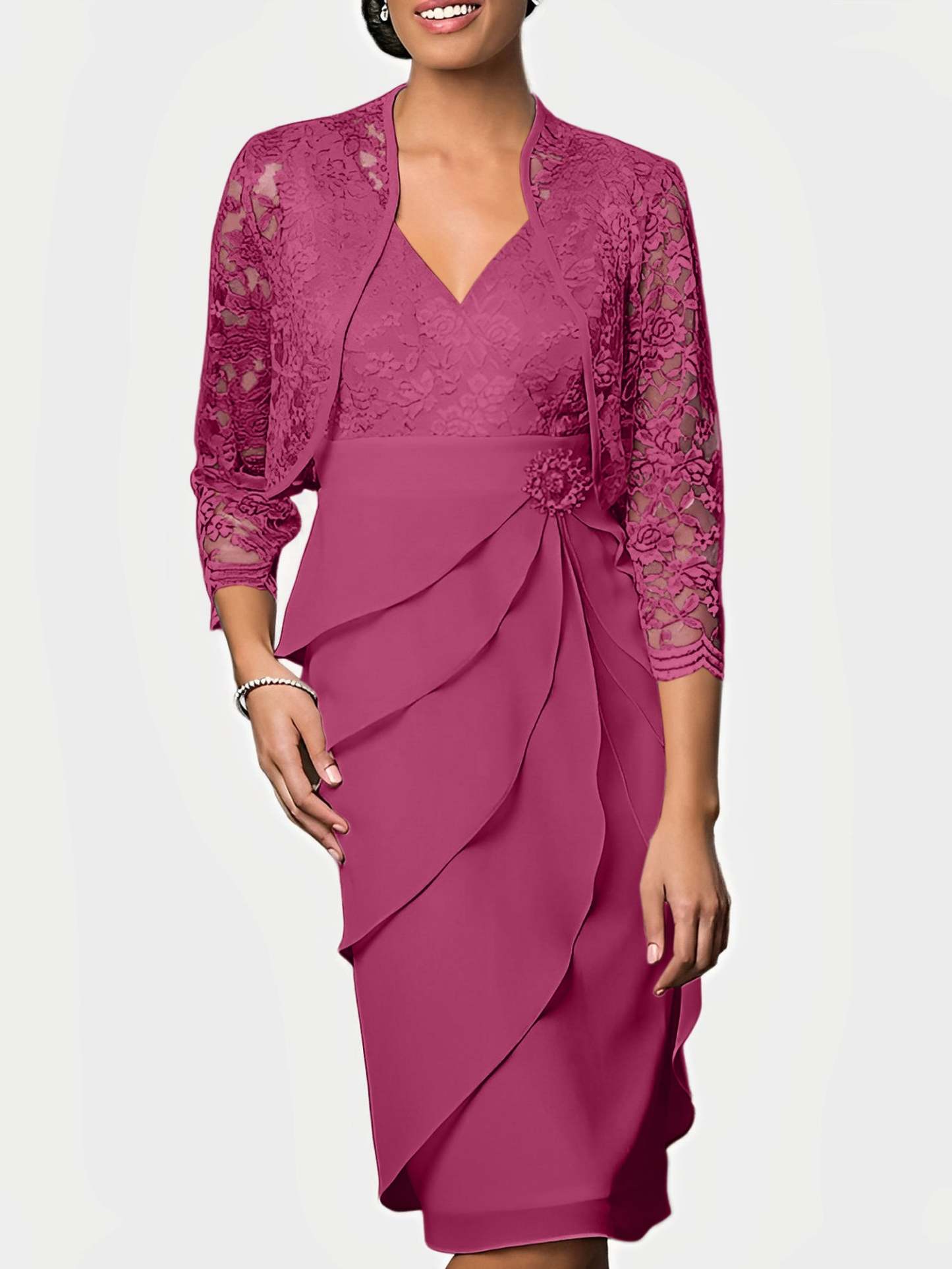 Knee-Length V-Neck Sheath Mother of the Bride Column Dresses-BMbridal