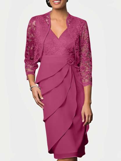 Knee-Length V-Neck Sheath Mother of the Bride Column Dresses-BMbridal