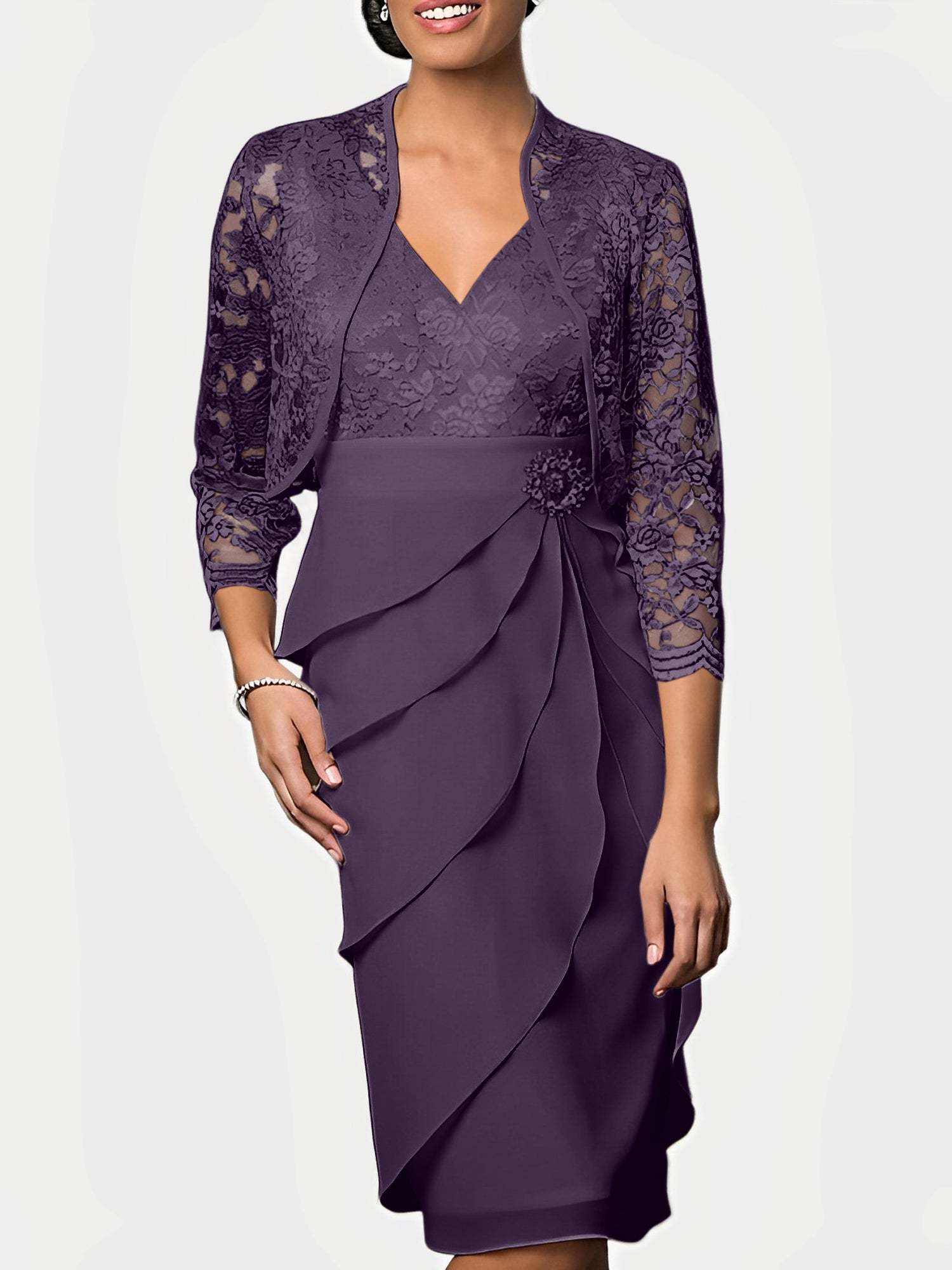 Knee-Length V-Neck Sheath Mother of the Bride Column Dresses-BMbridal