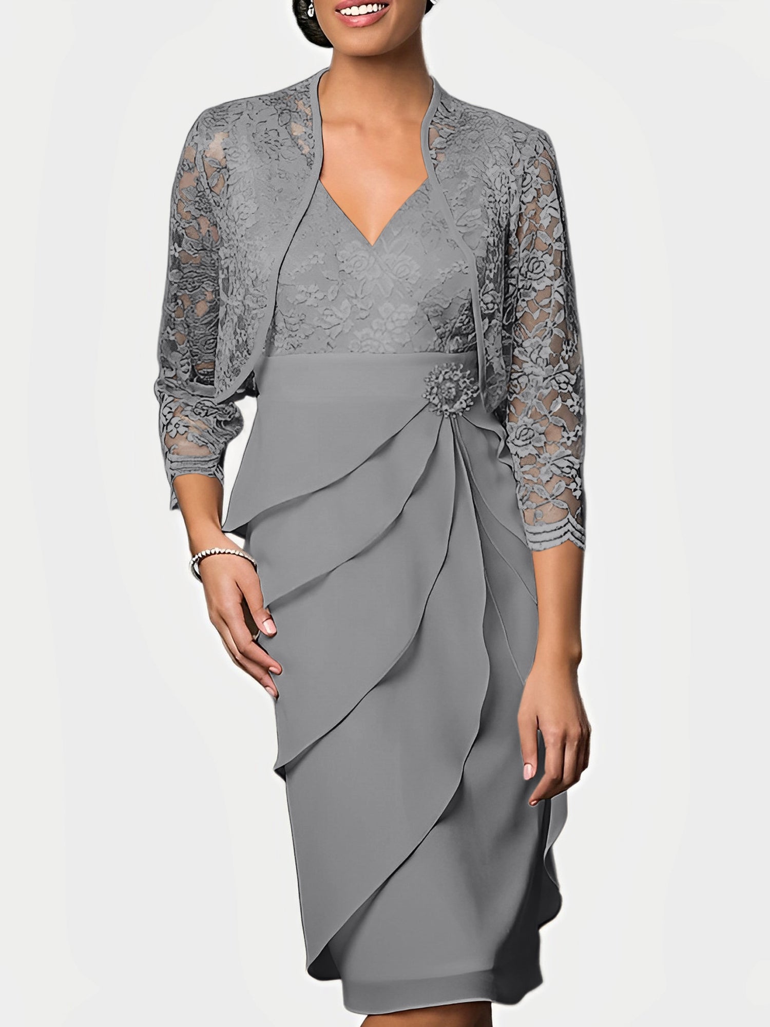 Knee-Length V-Neck Sheath Mother of the Bride Column Dresses-BMbridal