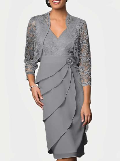 Knee-Length V-Neck Sheath Mother of the Bride Column Dresses-BMbridal