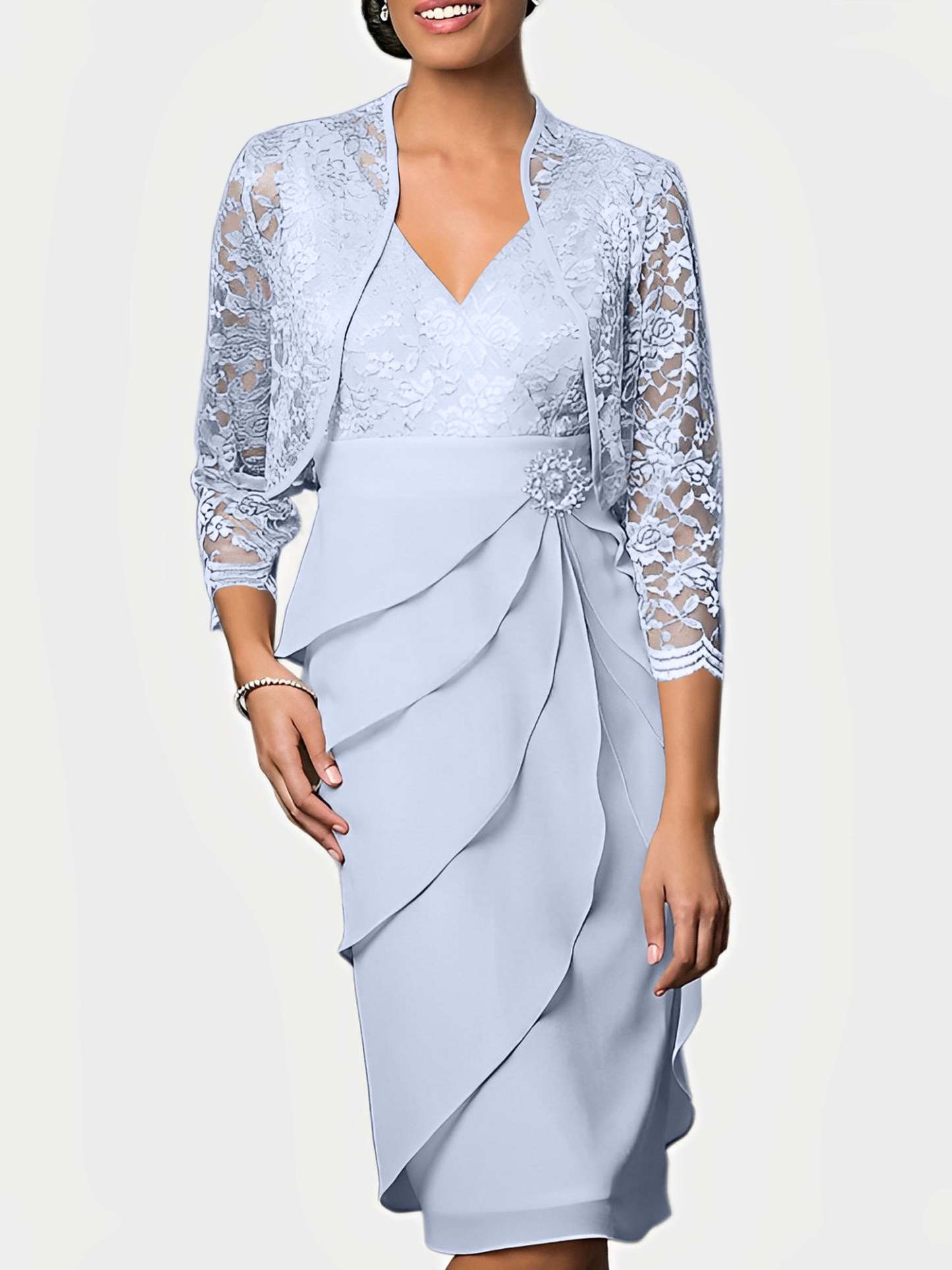 Knee-Length V-Neck Sheath Mother of the Bride Column Dresses-BMbridal