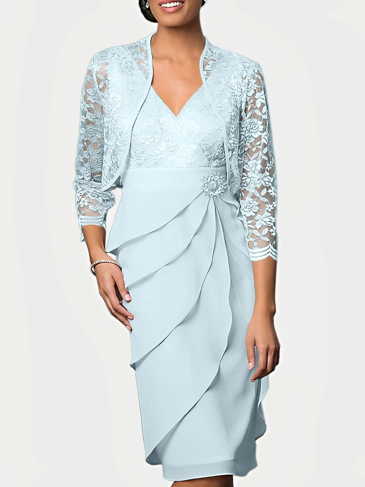 Knee-Length V-Neck Sheath Mother of the Bride Column Dresses-BMbridal