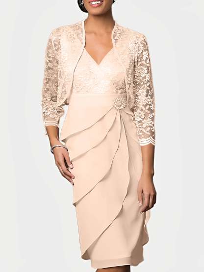 Knee-Length V-Neck Sheath Mother of the Bride Column Dresses-BMbridal