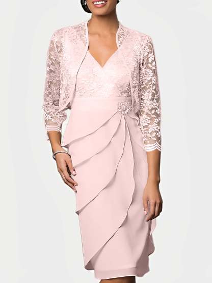 Knee-Length V-Neck Sheath Mother of the Bride Column Dresses-BMbridal