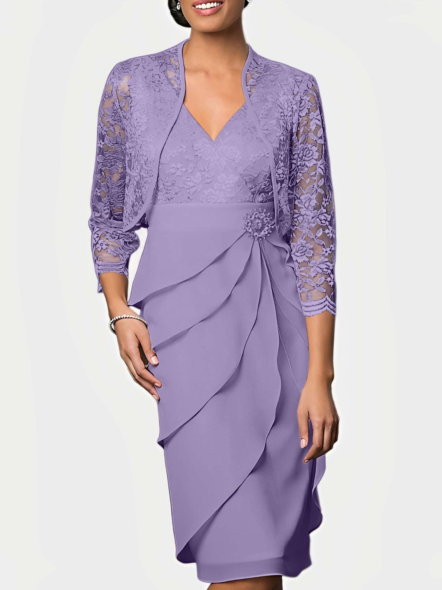 Knee-Length V-Neck Sheath Mother of the Bride Column Dresses-BMbridal