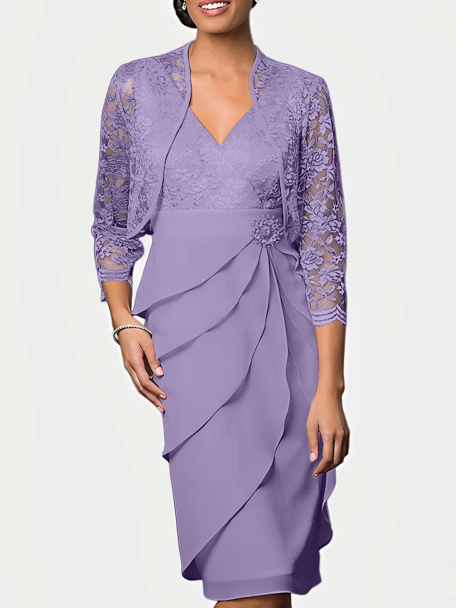 Knee-Length V-Neck Sheath Mother of the Bride Column Dresses-BMbridal