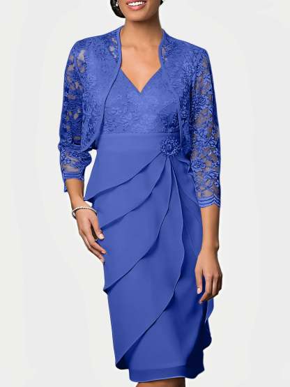 Knee-Length V-Neck Sheath Mother of the Bride Column Dresses-BMbridal