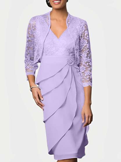 Knee-Length V-Neck Sheath Mother of the Bride Column Dresses-BMbridal