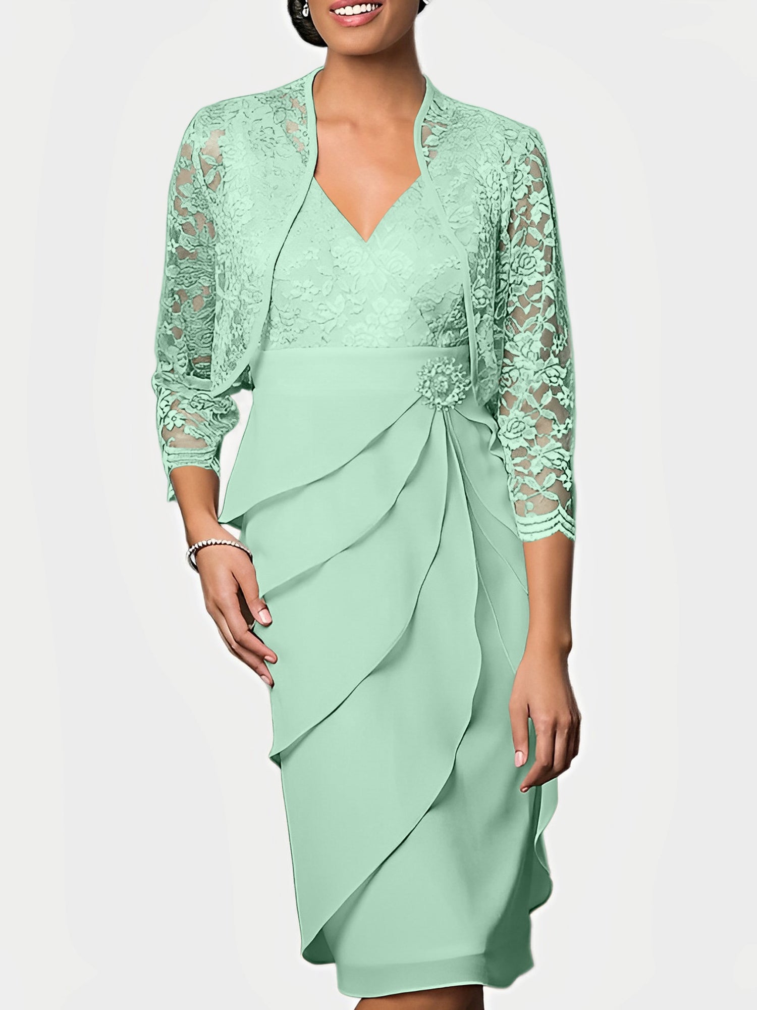 Knee-Length V-Neck Sheath Mother of the Bride Column Dresses-BMbridal