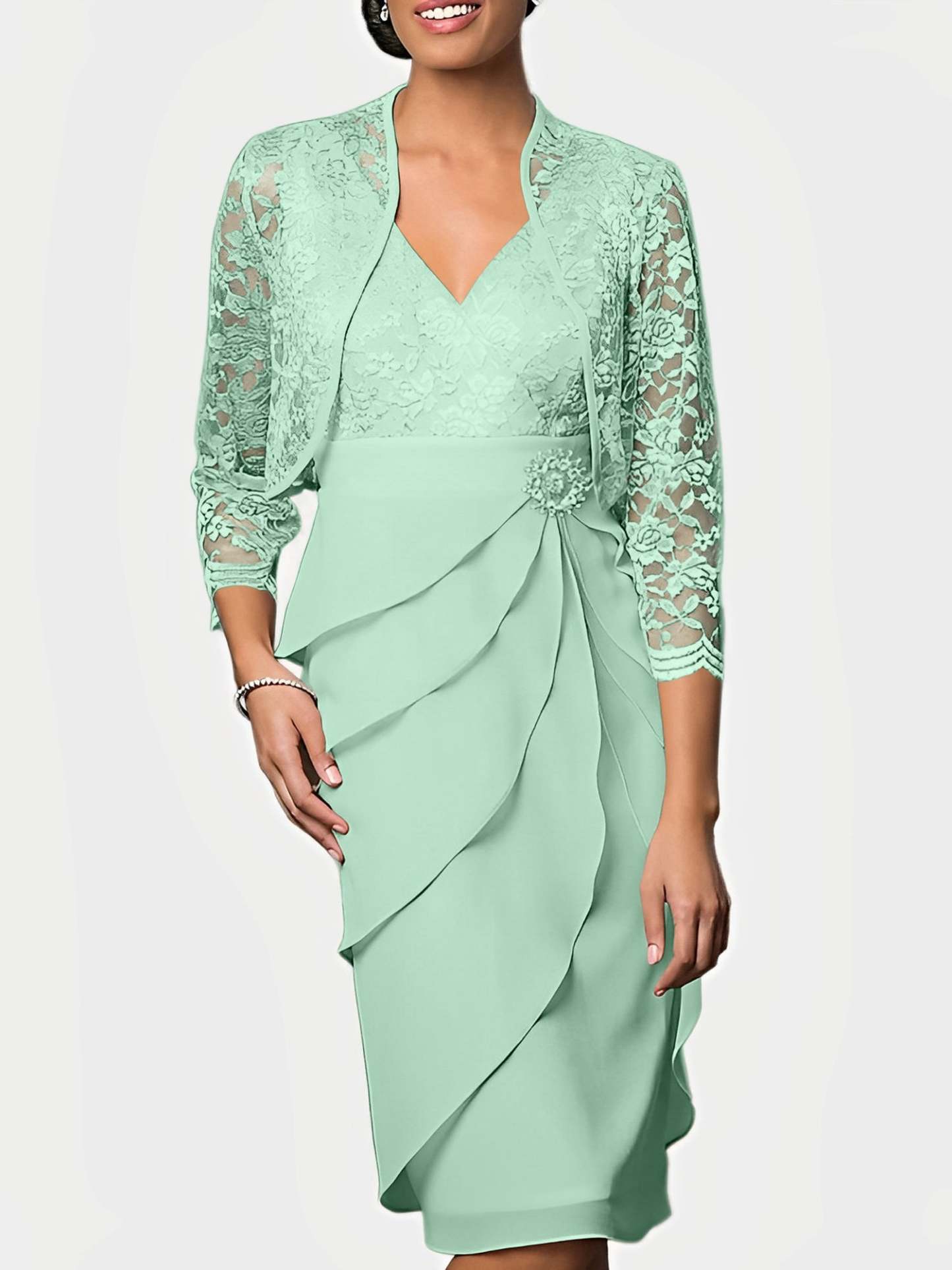 Knee-Length V-Neck Sheath Mother of the Bride Column Dresses-BMbridal