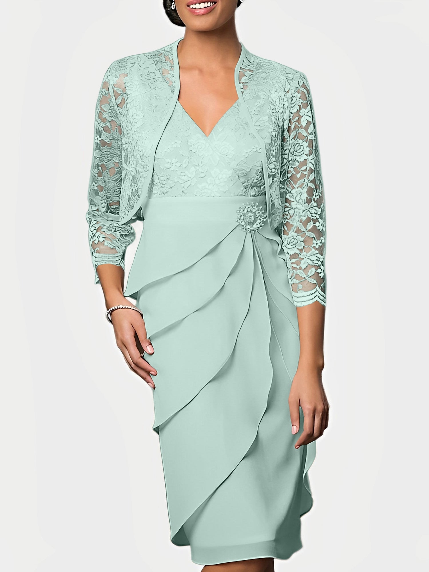 Knee-Length V-Neck Sheath Mother of the Bride Column Dresses-BMbridal