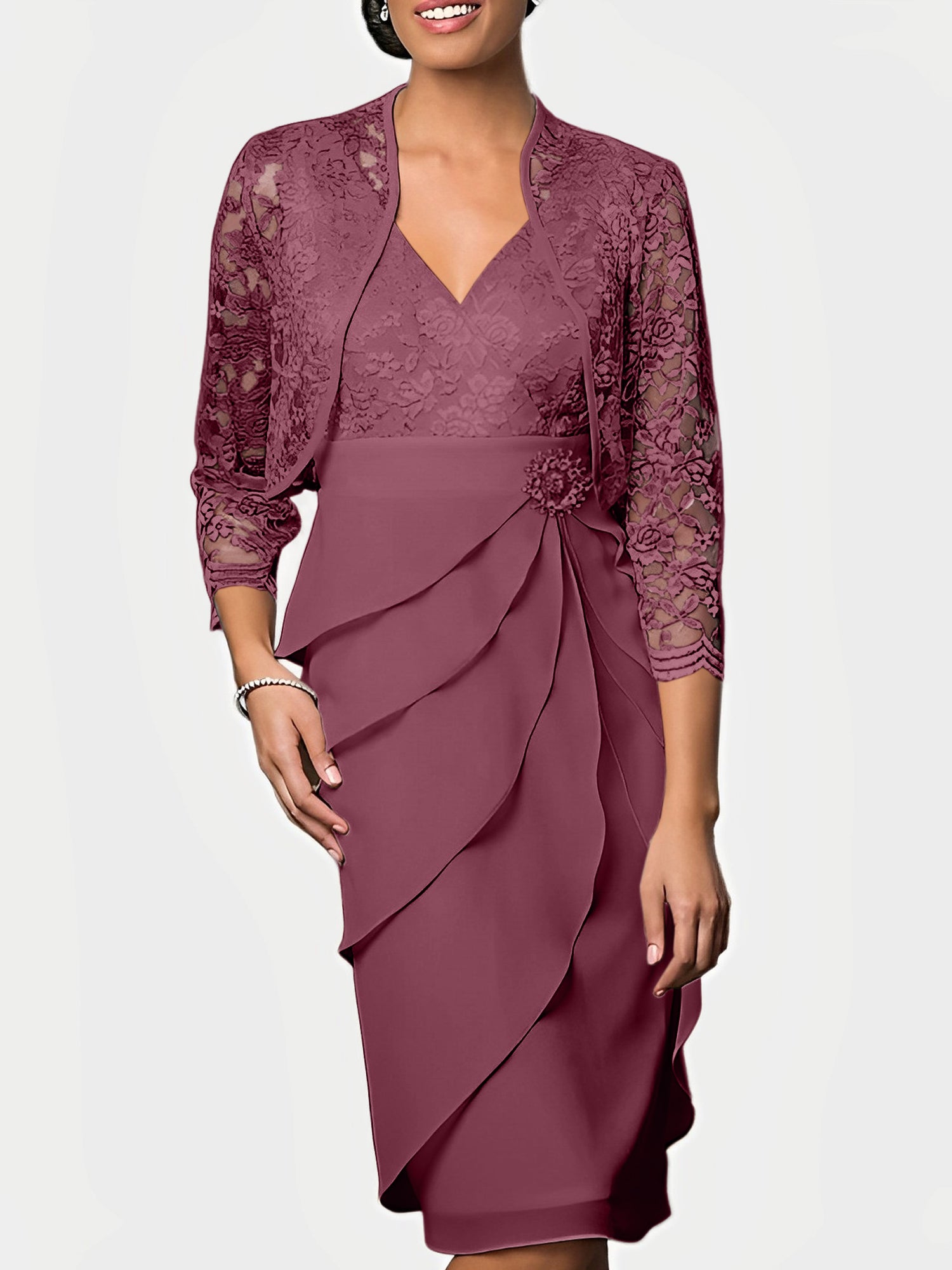 Knee-Length V-Neck Sheath Mother of the Bride Column Dresses-BMbridal