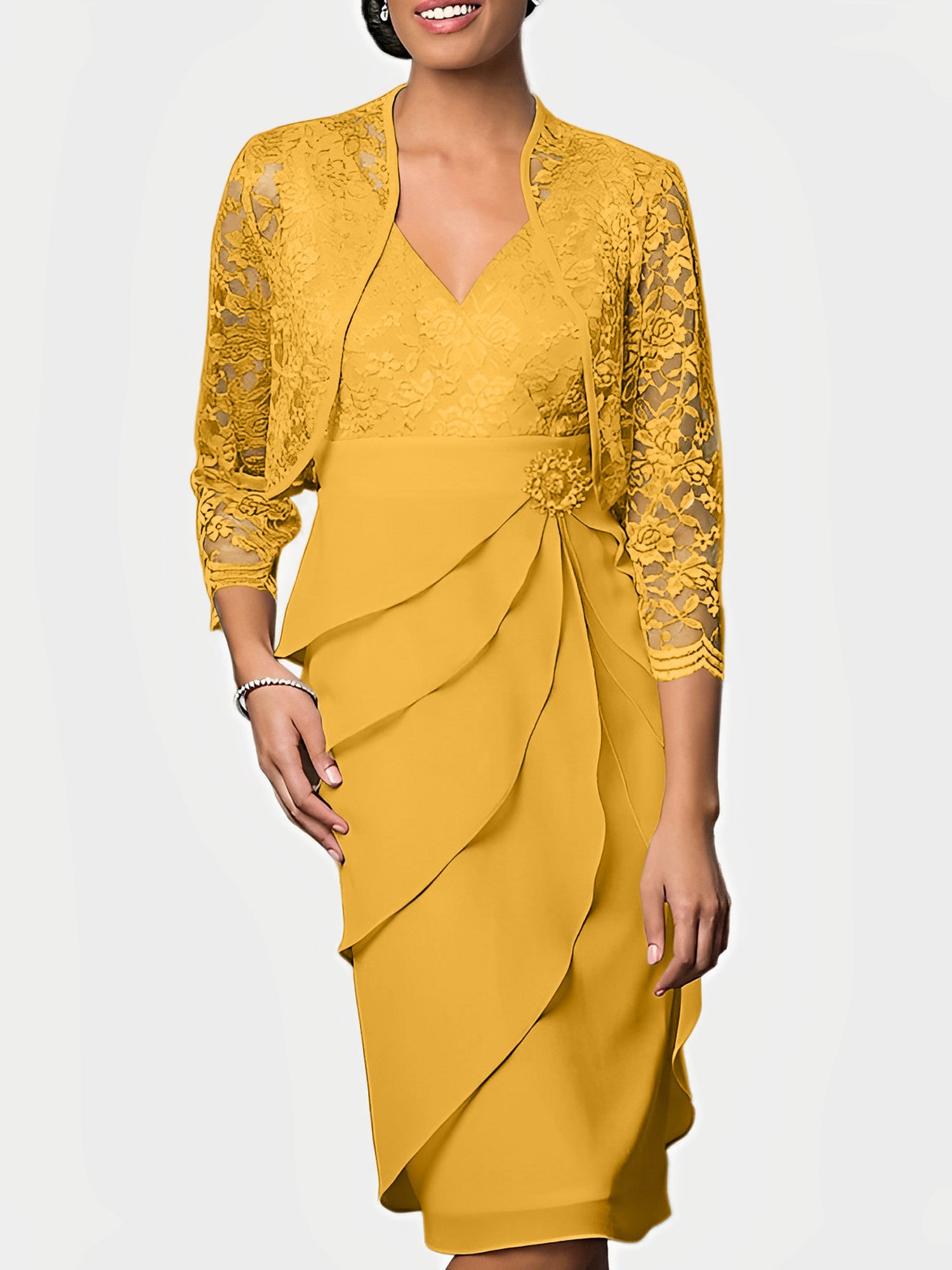 Knee-Length V-Neck Sheath Mother of the Bride Column Dresses-BMbridal