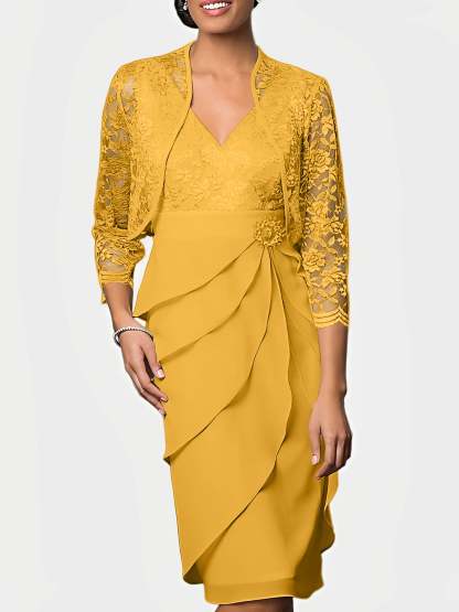 Knee-Length V-Neck Sheath Mother of the Bride Column Dresses-BMbridal