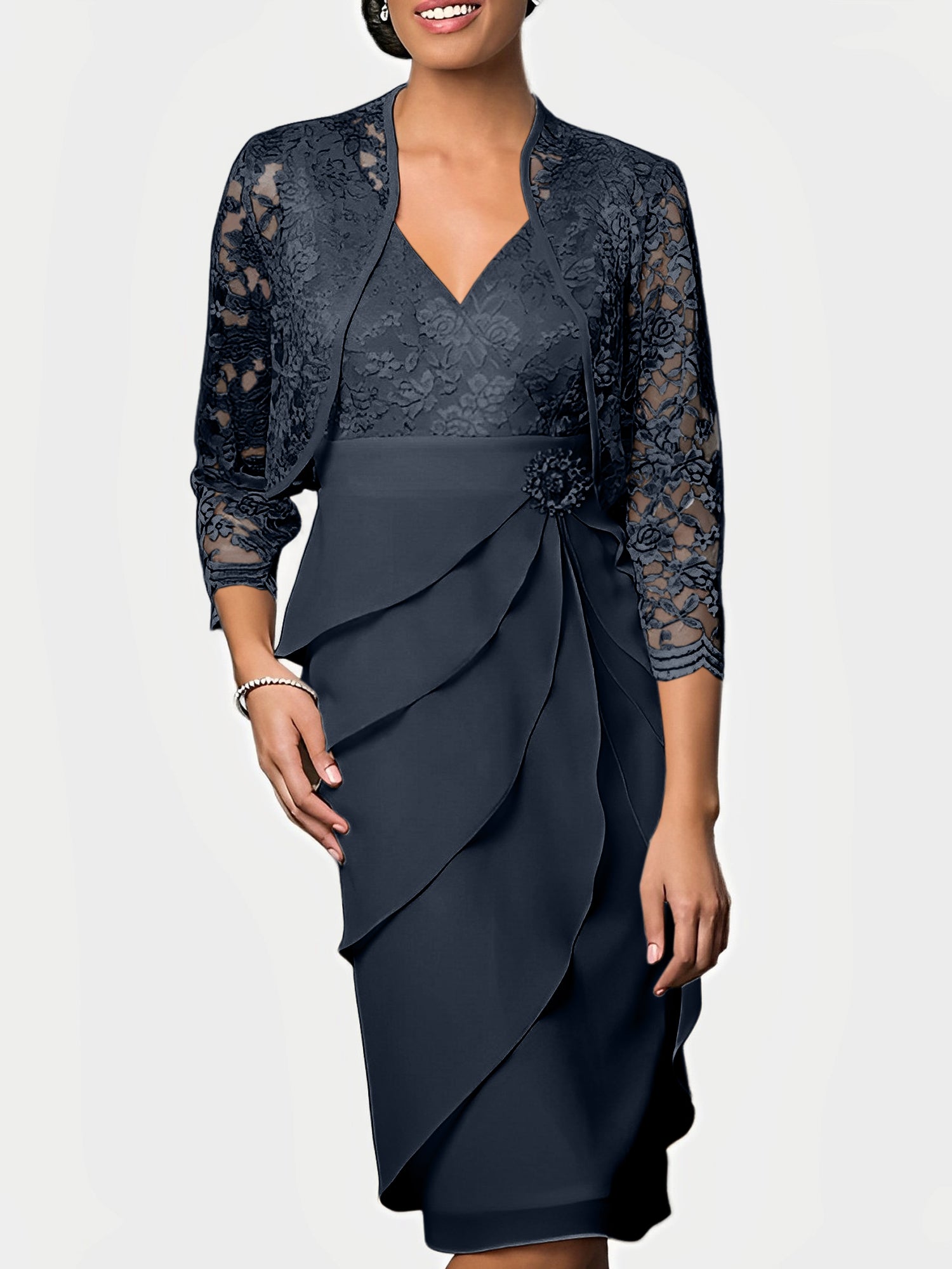 Knee-Length V-Neck Sheath Mother of the Bride Column Dresses-BMbridal