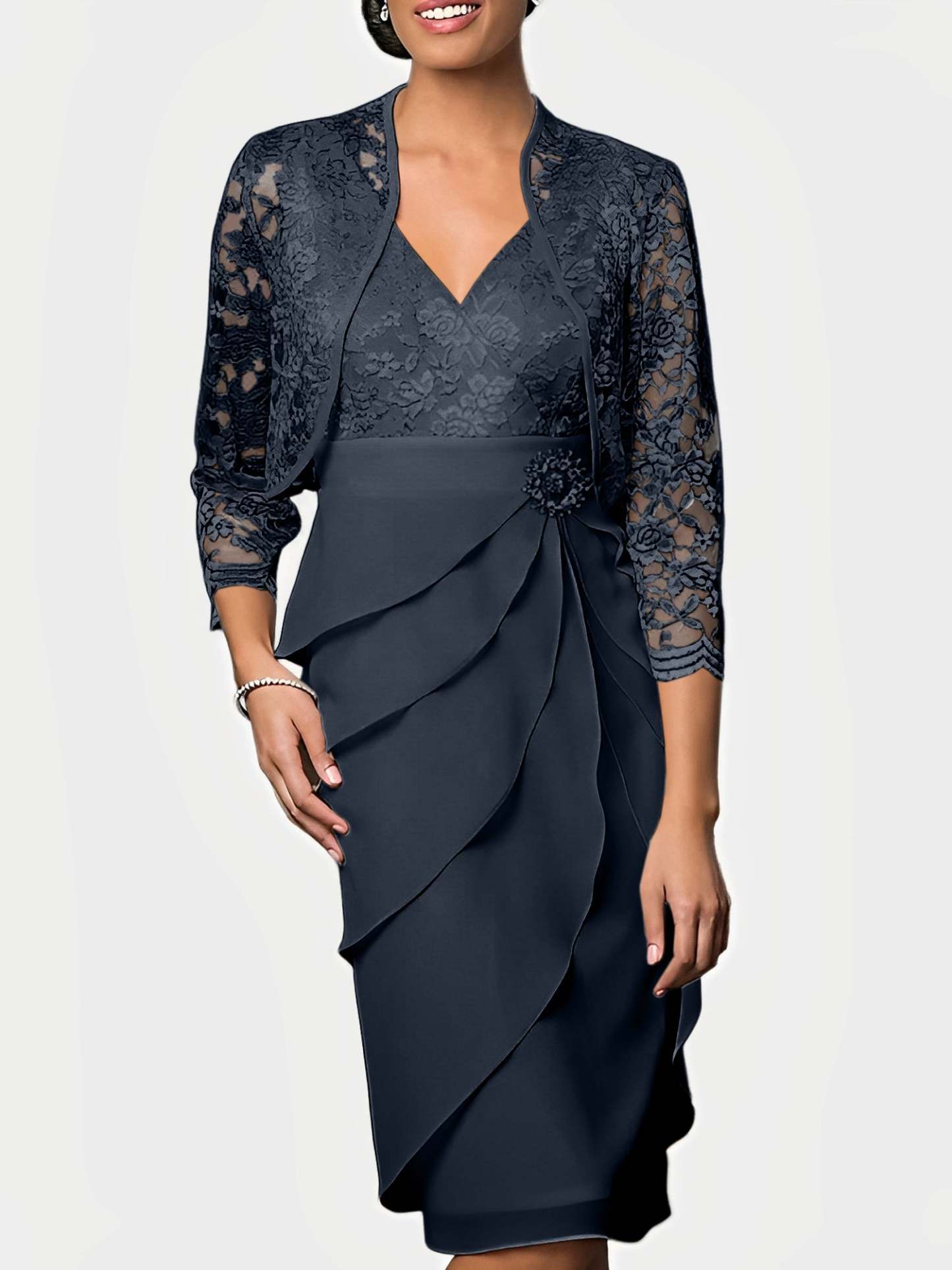 Knee-Length V-Neck Sheath Mother of the Bride Column Dresses-BMbridal