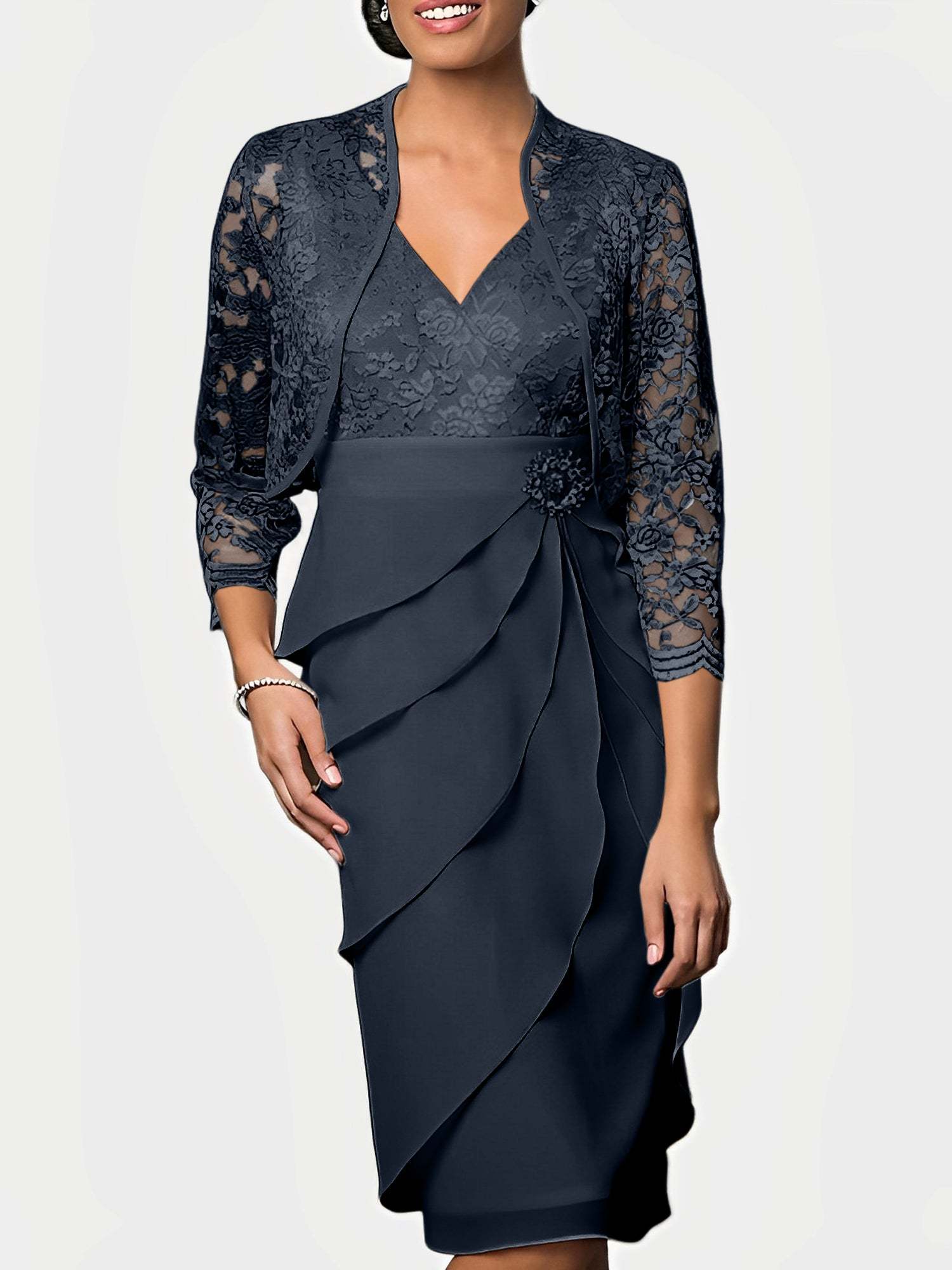 Knee-Length V-Neck Sheath Mother of the Bride Column Dresses-BMbridal