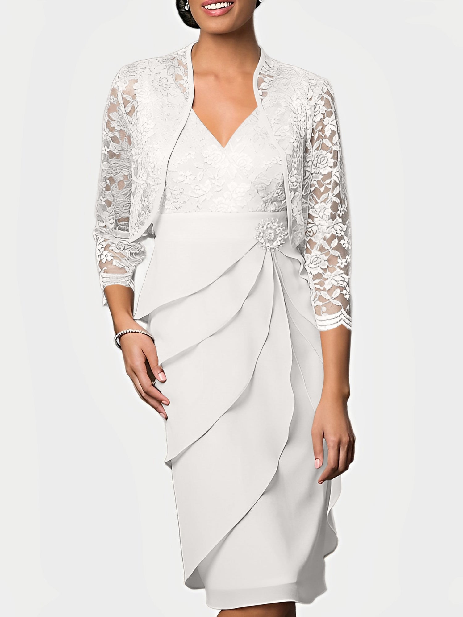 Knee-Length V-Neck Sheath Mother of the Bride Column Dresses-BMbridal