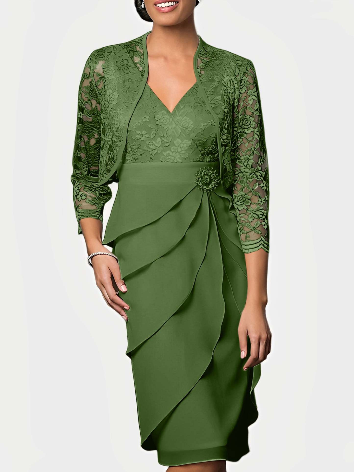 Knee-Length V-Neck Sheath Mother of the Bride Column Dresses-BMbridal