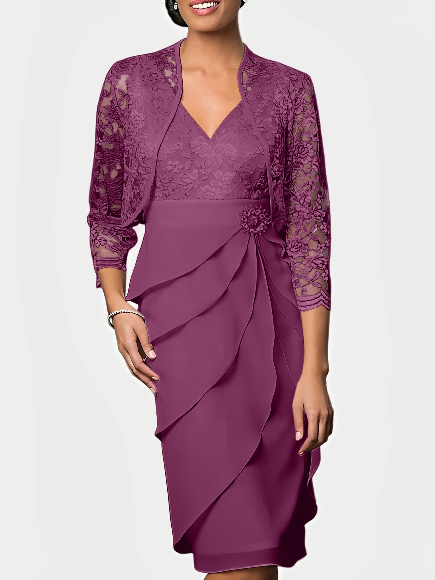 Knee-Length V-Neck Sheath Mother of the Bride Column Dresses-BMbridal