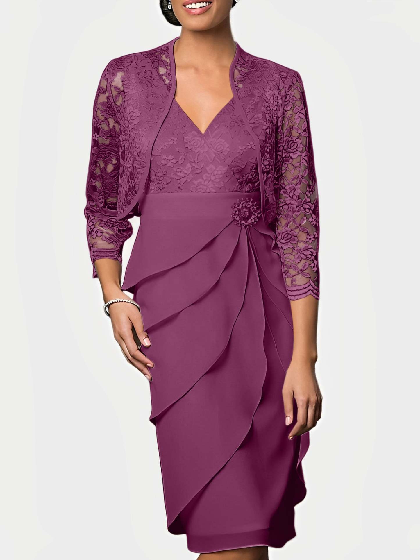 Knee-Length V-Neck Sheath Mother of the Bride Column Dresses-BMbridal