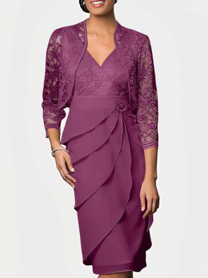 Knee-Length V-Neck Sheath Mother of the Bride Column Dresses-BMbridal