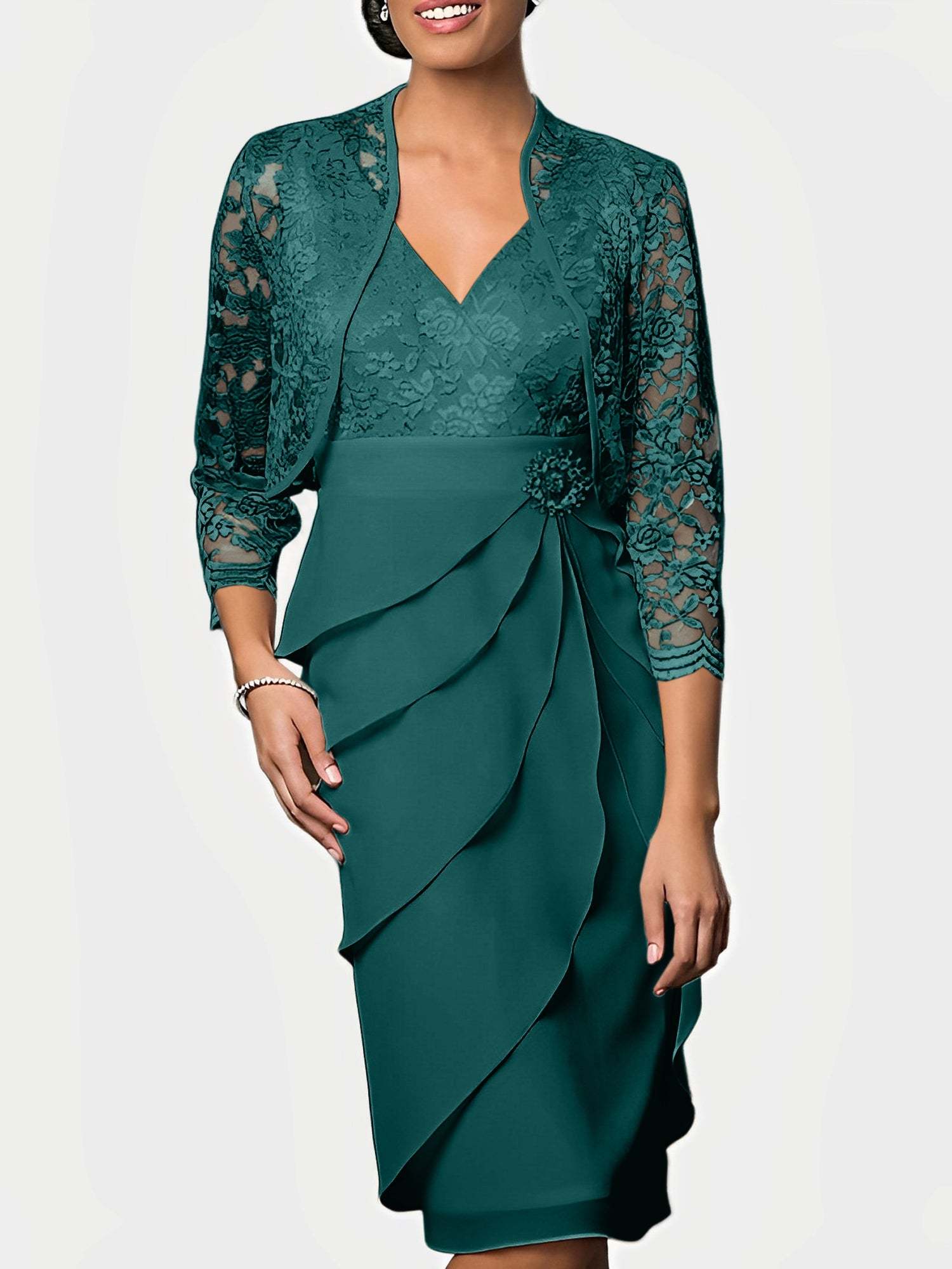 Knee-Length V-Neck Sheath Mother of the Bride Column Dresses-BMbridal