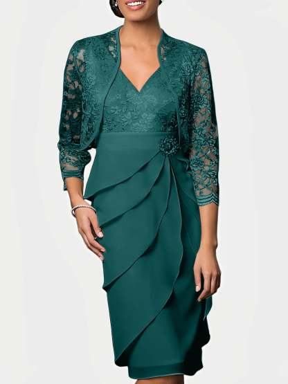 Knee-Length V-Neck Sheath Mother of the Bride Column Dresses-BMbridal