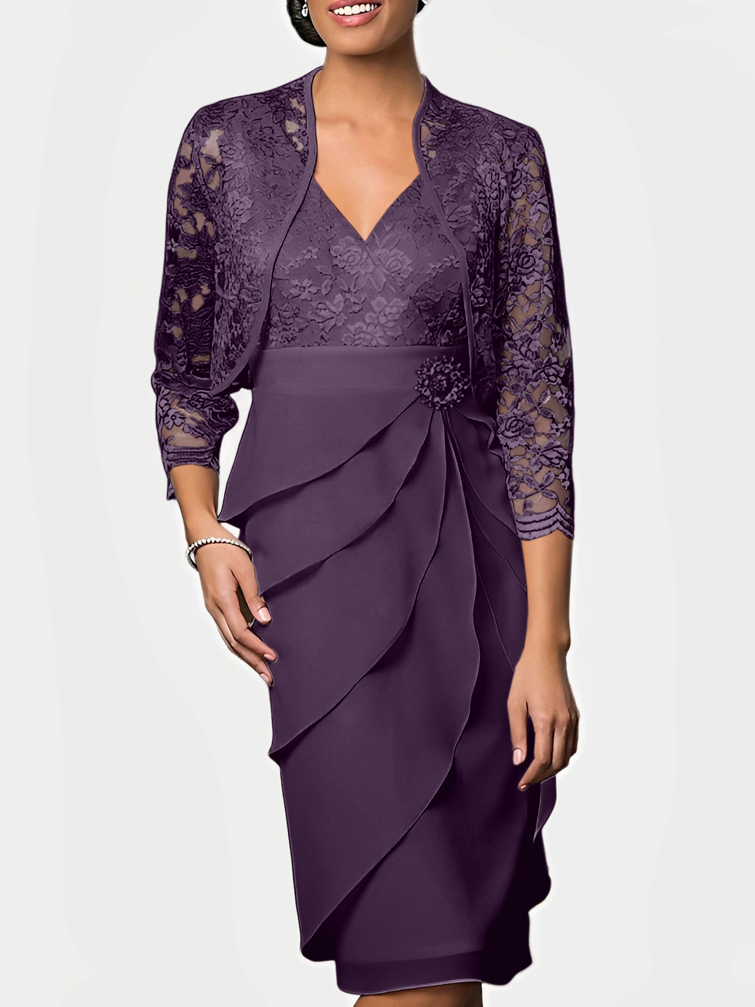 Knee-Length V-Neck Sheath Mother of the Bride Column Dresses-BMbridal