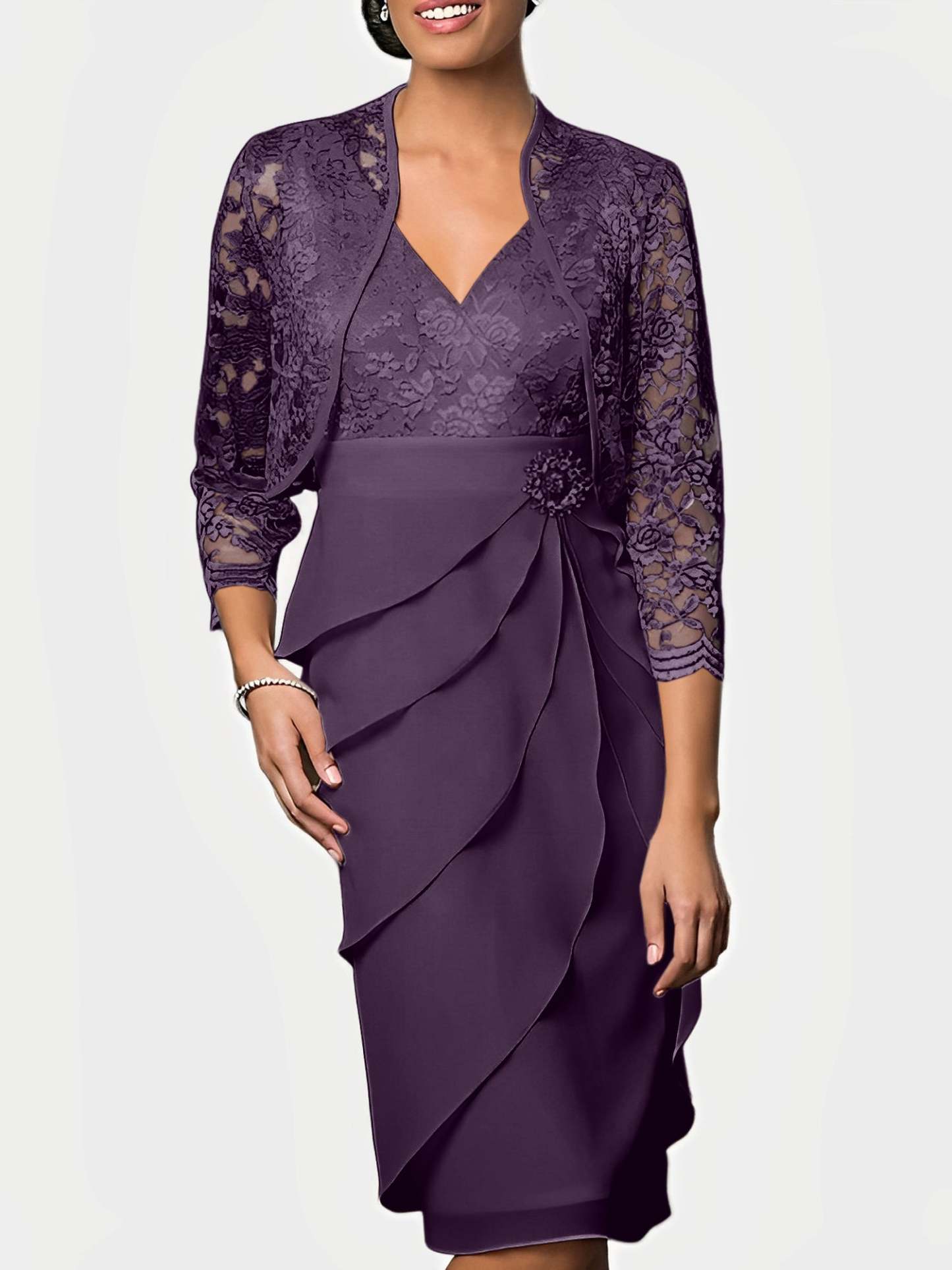 Knee-Length V-Neck Sheath Mother of the Bride Column Dresses-BMbridal