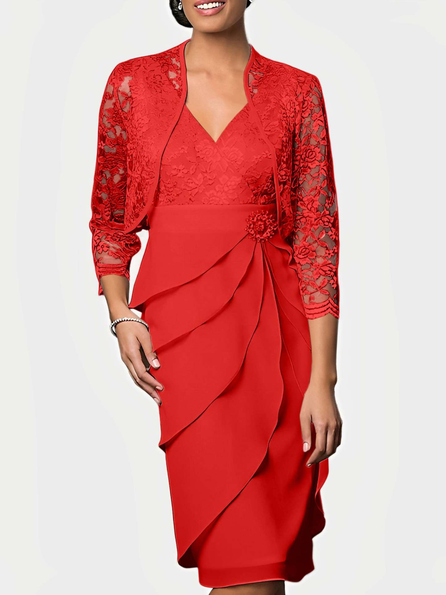 Knee-Length V-Neck Sheath Mother of the Bride Column Dresses-BMbridal