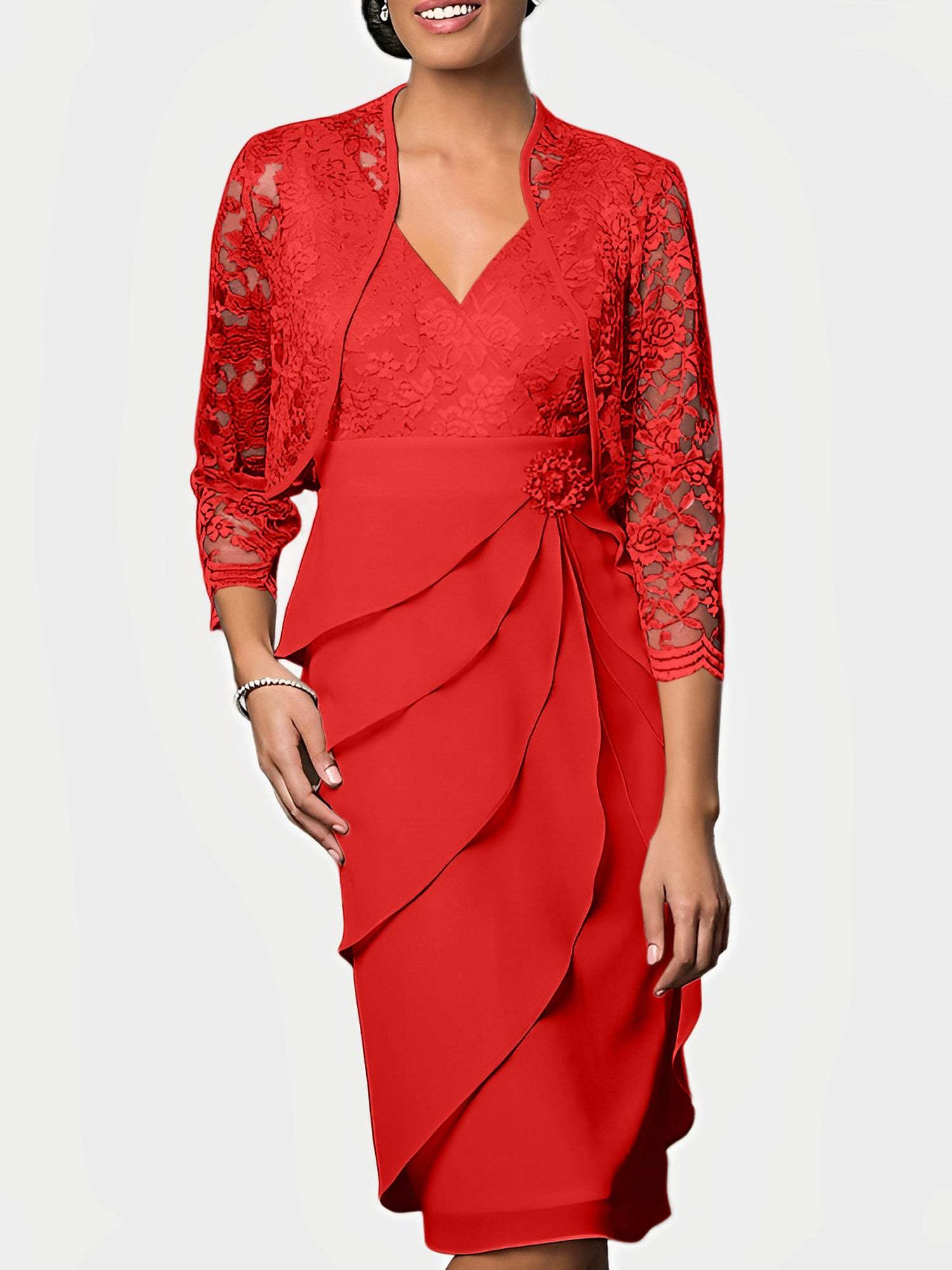 Knee-Length V-Neck Sheath Mother of the Bride Column Dresses-BMbridal