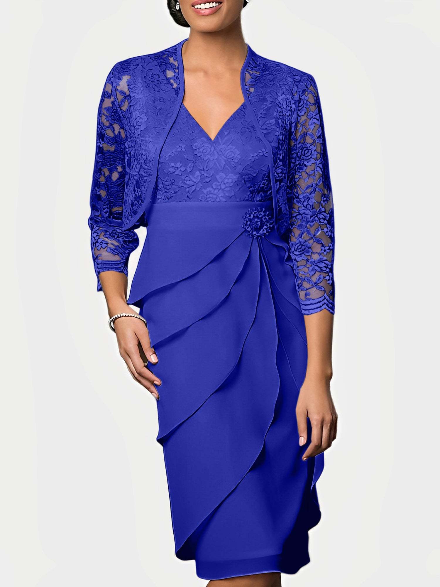 Knee-Length V-Neck Sheath Mother of the Bride Column Dresses-BMbridal