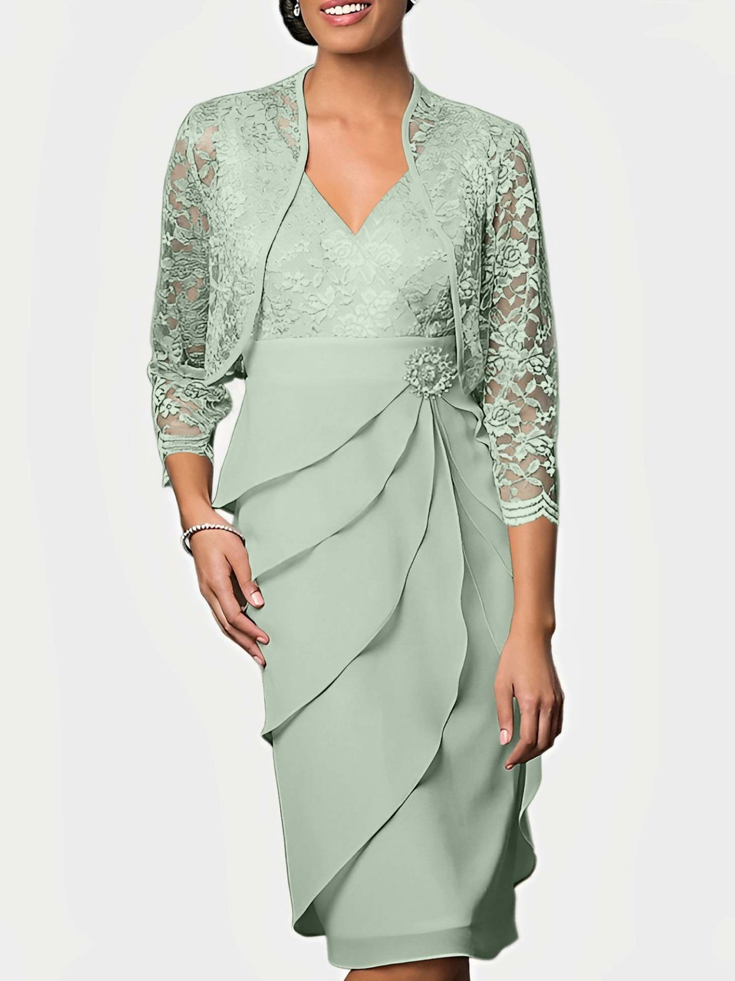 Knee-Length V-Neck Sheath Mother of the Bride Column Dresses-BMbridal