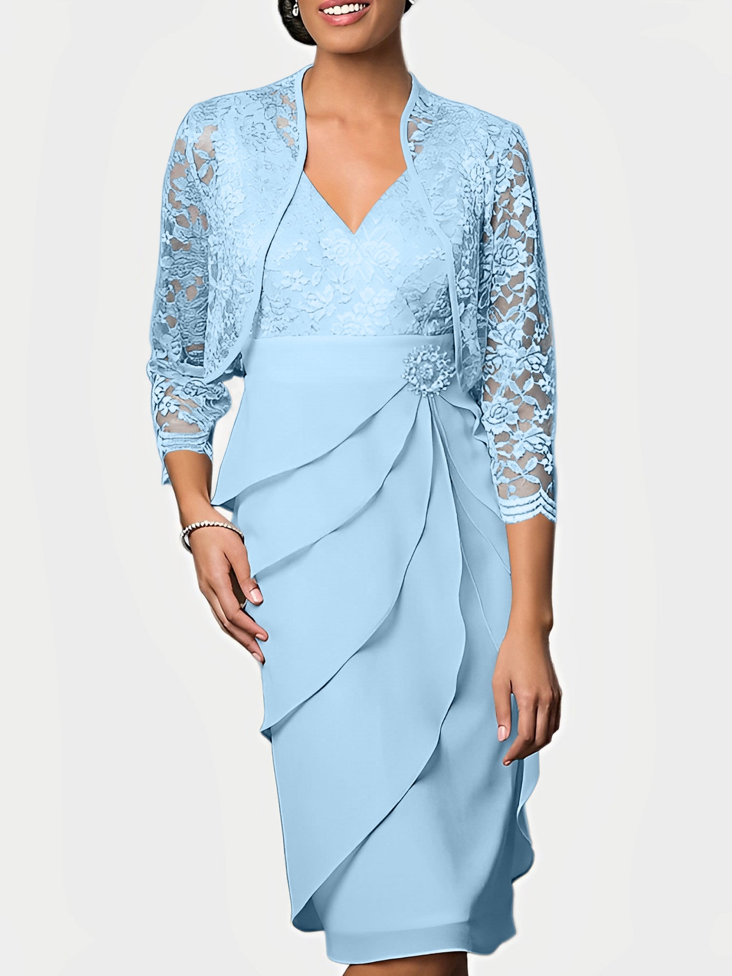 Knee-Length V-Neck Sheath Mother of the Bride Column Dresses-BMbridal