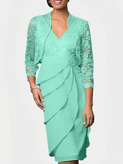 Knee-Length V-Neck Sheath Mother of the Bride Column Dresses-BMbridal