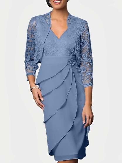 Knee-Length V-Neck Sheath Mother of the Bride Column Dresses-BMbridal