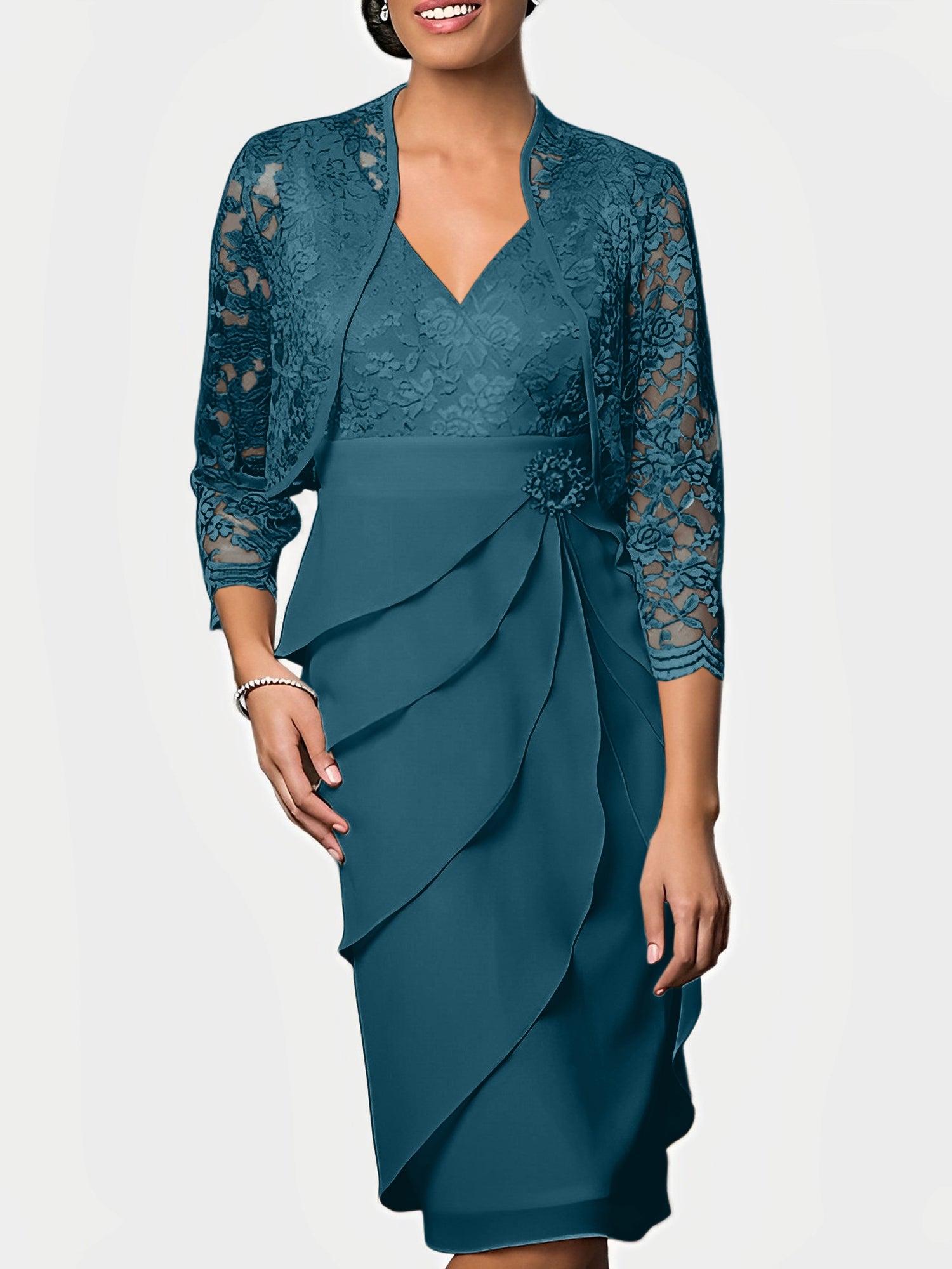 Knee-Length V-Neck Sheath Mother of the Bride Column Dresses-BMbridal