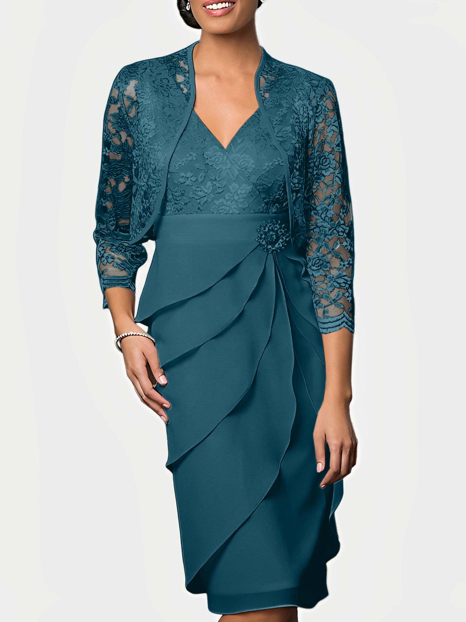 Knee-Length V-Neck Sheath Mother of the Bride Column Dresses-BMbridal