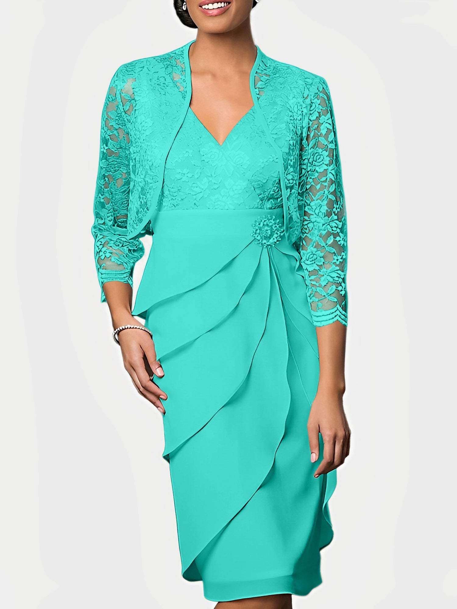 Knee-Length V-Neck Sheath Mother of the Bride Column Dresses-BMbridal