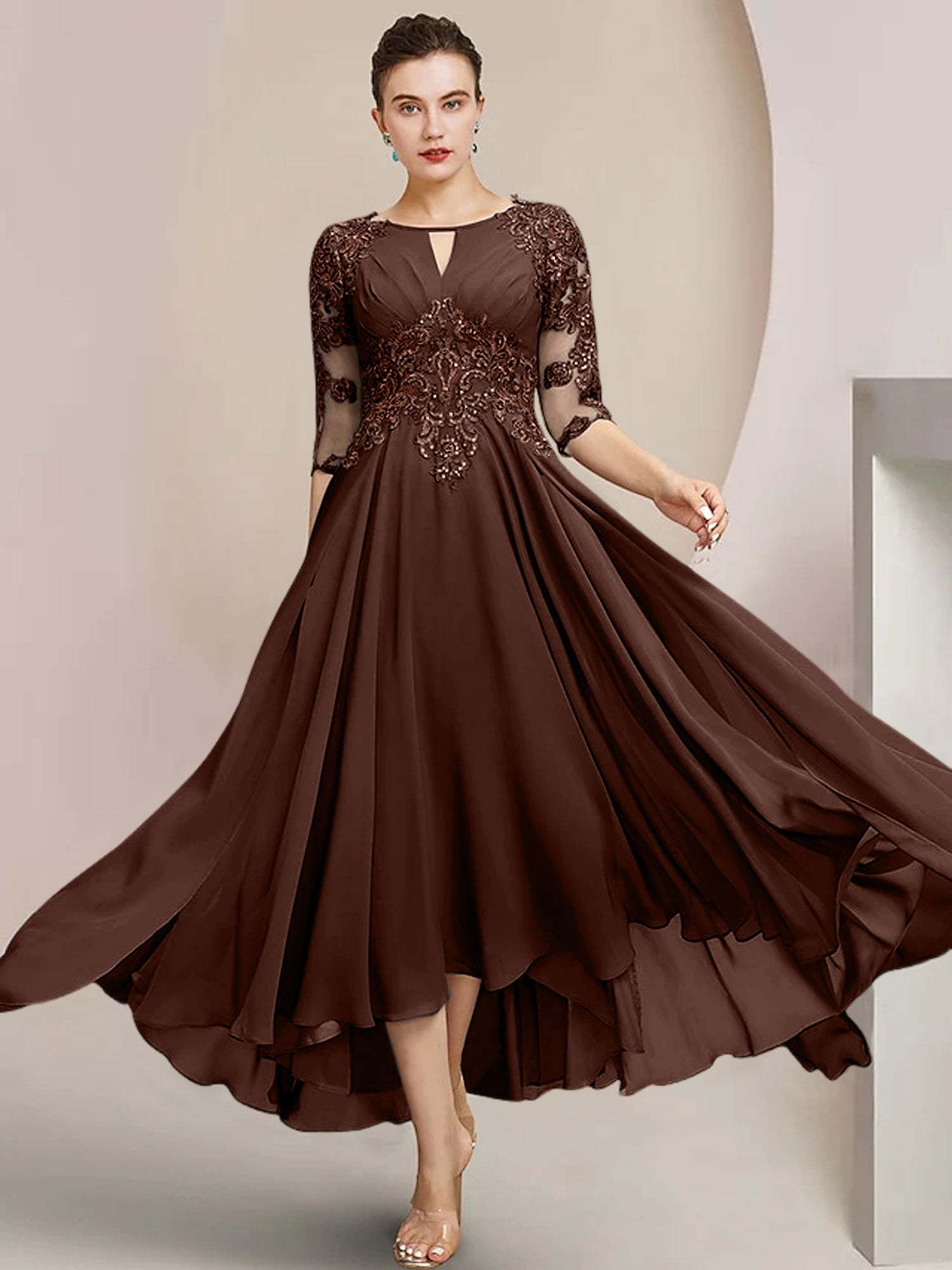 Scoop Neck Tea-Length A-Line Mother of the Bride Princess Dress