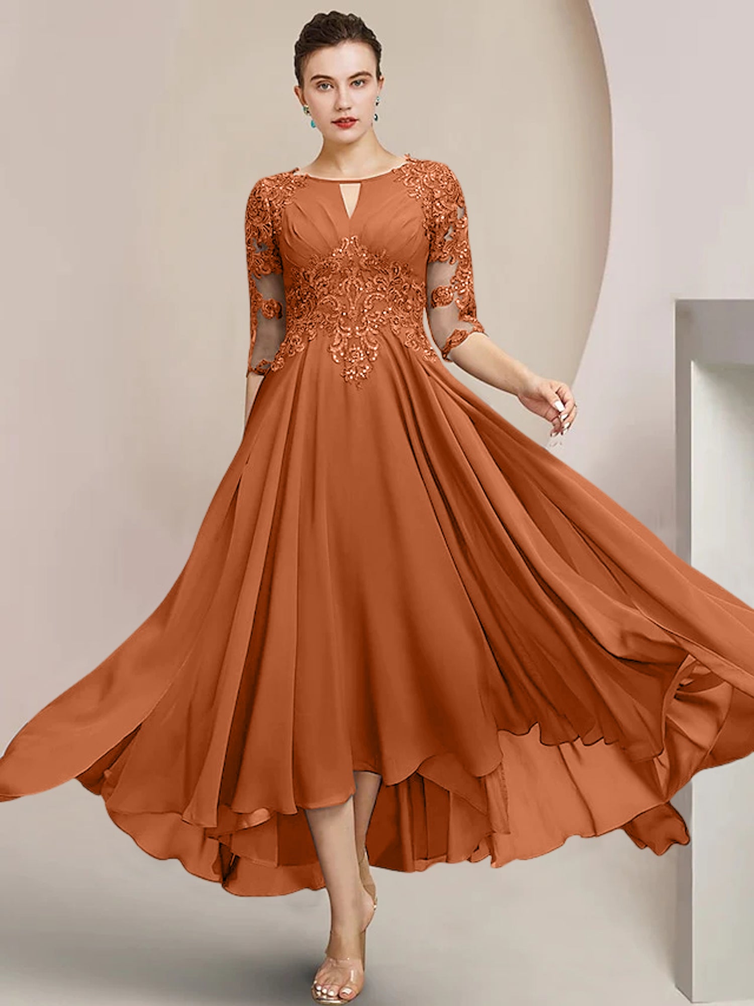 Scoop Neck Tea-Length A-Line Mother of the Bride Princess Dress
